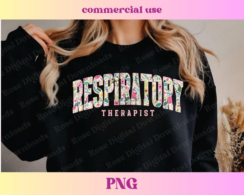 May include: Black sweatshirt with the text "Respiratory Therapist" in pink letters with floral accents.