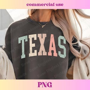 Pode incluir: Uma camisa de moletom cinza escura com a palavra "TEXAS" impressa em um estilo vintage com cores pastel rosa, azul e pêssego.