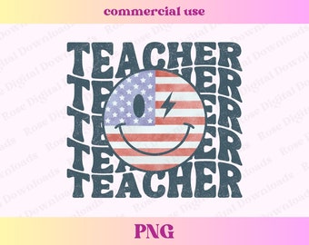 Teacher American Smile PNG | 4th Of July | Red and Blue America png | Distressed Patriotic Sublimation T-shirt design, Retro wavy vintage
