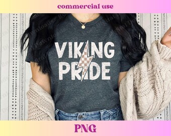 Viking Pride Checkered Lightning Bolt PNG | Retro distressed varsity school spirit grad shirt | High school mascot sublimation gift T-shirt
