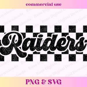 May include: Black and white checkered background with the word "Raiders" in a retro, stylized font. The text has a distressed, vintage look.