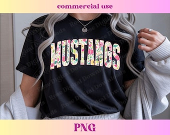 Floral Mustangs PNG | Trendy Distressed Varsity school spirit shirt | High school mascot sublimation | Retro sports gift T-shirt digital