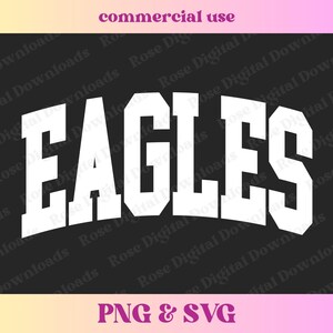 以下が含まれることがあります： 黒い背景に白い文字で「EAGLES」と書いてあり、太字でアーチ状のフォントになっています。