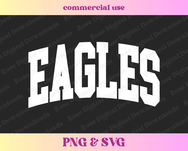 以下が含まれることがあります： 黒い背景に白い文字で「EAGLES」と書いてあり、太字でアーチ状のフォントになっています。