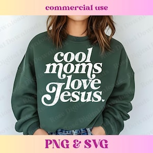 クールなママはイエス様が大好き PNG SVG | トレンディなヴィンテージ レトロ 信仰シャツ | ユーズド加工の宗教デジタル トレンドのイエス様愛好家 T シャツ用昇華プリント