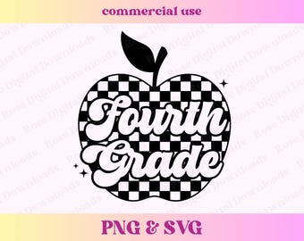 Checkered Fourth Grade Apple PNG SVG | Retro Vintage Groovy Teacher Shirt Gift | Trendy School Checkerboard Sublimation Digital Download