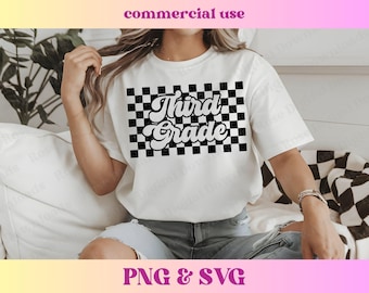 Checkered Third Grade PNG SVG | Vintage Elementary Teacher Shirt Gift | Trendy Grunge Grade School Checkerboard Sublimation Digital Download