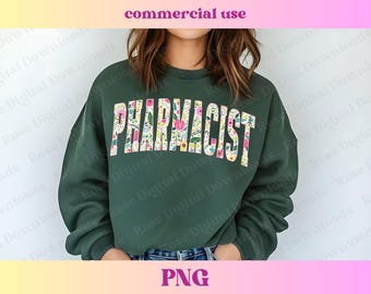 薬剤師PNG | 花柄シャツデザイン | ダメージ加工Varsity PharmD Tシャツ昇華 | トレンドの薬局技術薬剤師学生へのギフト