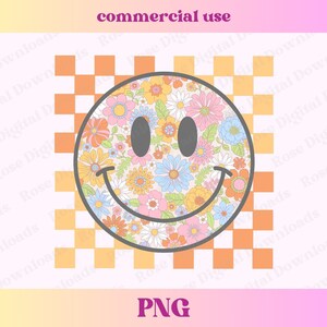Retro floral Smile PNG | Happy checkered png | Groovy smile aesthetic png | Distressed retro vintage | Trendy Sublimation File Tshirt design
