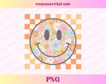 Retro floral Smile PNG | Happy checkered png | Groovy smile aesthetic png | Distressed retro vintage | Trendy Sublimation File Tshirt design