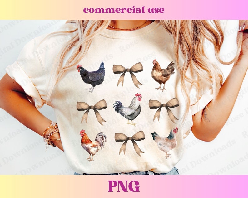 May include: A white t-shirt with a watercolor design of chickens and bows. The chickens are in various poses, some with their wings spread and some with their heads tilted. The bows are in a variety of colors, including brown, pink, and blue.