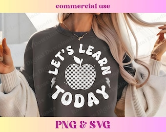 Let's Learn Today Checkered Apple PNG SVG | Retro Vintage Groovy Teacher Shirt Gift, Trendy School Checkerboard Sublimation Digital Download