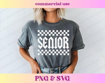 Checkered Senior PNG SVG, Trendy school spirit grad shirt, Cute high school graduation sublimation, Varsity distressed retro T-shirt design