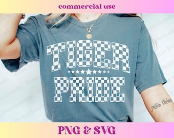 Checkered Tiger Pride PNG SVG | Trendy distressed varsity school spirit grad shirt | High school mascot sublimation | Retro gift T-shirt