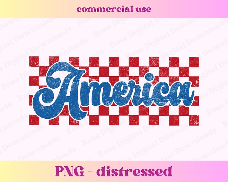 Puede incluir: Dise&ntilde;o gr&aacute;fico desgastado con la palabra "American" en letras azules sobre un fondo a cuadros rojo y blanco.