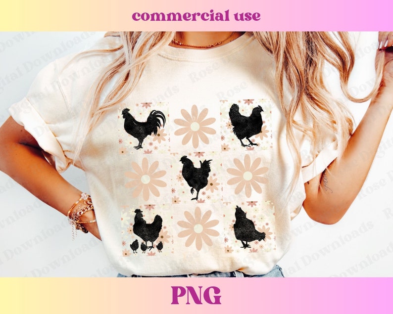 May include: A white t-shirt with a graphic design of black silhouettes of chickens and daisies in a repeating pattern. The design is in a retro style.