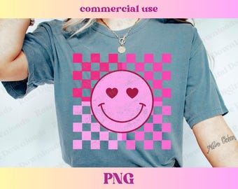 Valentijnsglimlach, png | Retro hart blij png | Distressed geruit | Roze shirtontwerp met sublimatiebestand, retro vintage valentijnsdagshirt