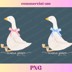 May include: A watercolour illustration of two white geese, each with a bow, one pink and one blue. The text "mama goose est 2026" is below the geese. The words "commercial use" and "PNG" are also present.