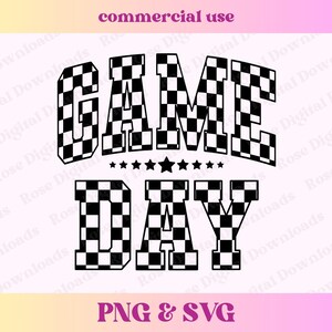 May include: Black and white chequered graphic design with the text "GAME DAY" in a bold, blocky font. The chequered pattern is reminiscent of a race track.