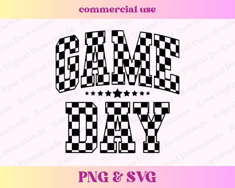 May include: Black and white chequered graphic design with the text "GAME DAY" in a bold, blocky font. The chequered pattern is reminiscent of a race track.