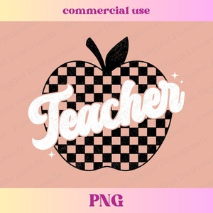 Checkered Teacher Apple PNG | Retro Vintage Groovy Teacher Shirt Gift | Trendy School Sublimation Digital Download | Checkerboard Teach PNG