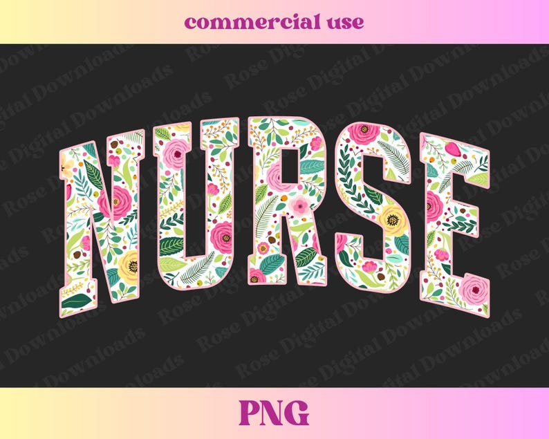 Peut inclure: Motif floral repr&eacute;sentant le mot "NURSE" en rose, blanc et jaune. Le fond est noir.