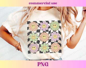 Checkered Retro Flowers PNG | Groovy Daisy Png | Vintage Shirt Design | Cute Retro Gift | Vintage Floral PNG, Sublimation Digital Download
