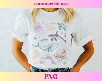 Tatouage vintage coloré animal marin PNG | Sublimation nautique de la vie océanique rétro esthétique, design tendance de t-shirt baleine, poisson tortue tendance