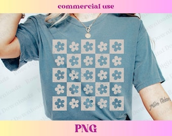 Checkered Retro Flowers PNG | Groovy Daisy Png | Vintage Shirt Design | Cute Retro Gift | Distressed Floral Sublimation Digital Download