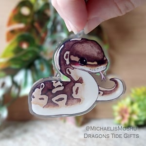 Op de afbeelding: Een transparante acryl-hanger met een cartoon-illustratie van een bruine en witte slang met een roze tong. De slang heeft grote, zwarte ogen en een schattige uitdrukking. De hanger is bevestigd aan een zilveren ring. De hanger is gemaakt door Dragons Tide Gifts.