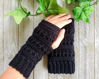 Gants sans doigts noirs - Manchettes texturées - Mitaines textuelles au crochet - Chauffe-poignets faits à la main - Accessoires d'hiver d'automne - Cadeau pour elle