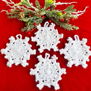 White Crocheted Snowflake Ornaments - Set of 4 - Sparkly Snowflake Appliques - Christmas Tree Decorations - Holiday Ornaments