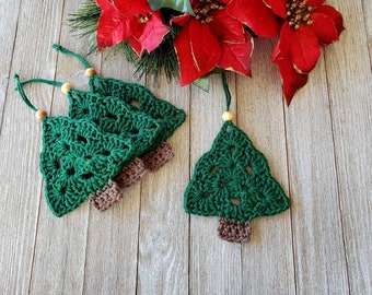 Crocheted Green Christmas Tree Ornaments - Set of 4 - Christmas Tree Gift Tag - Holiday Tree Decor - Wooden Bead Accent