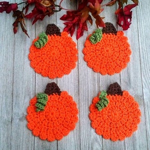 Crocheted Pumpkin Coasters, Orange Pumpkins, Reusable Cup Drink Coasters, Set of 4, Halloween Thanksgiving Coasters, Fall Autumn Home Decor image 2