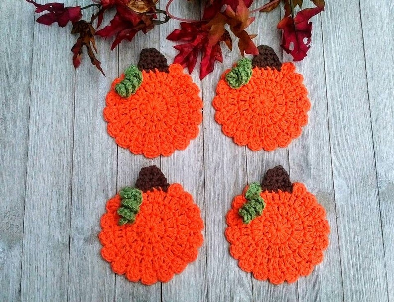 Crocheted Pumpkin Coasters, Orange Pumpkins, Reusable Cup Drink Coasters, Set of 4, Halloween Thanksgiving Coasters, Fall Autumn Home Decor image 2
