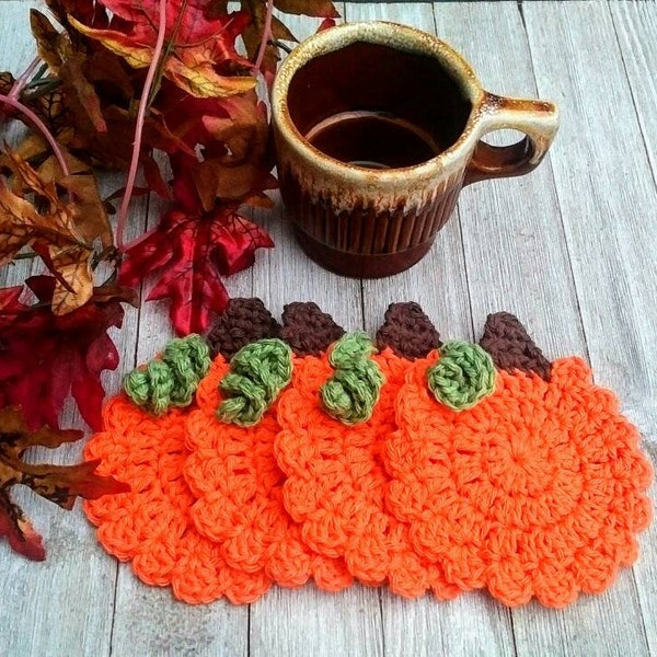 Crocheted Pumpkin Coasters, Orange Pumpkins, Reusable Cup Drink Coasters, Set of 4, Halloween Thanksgiving Coasters, Fall Autumn Home Decor