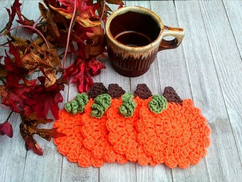 Crocheted Pumpkin Coasters, Orange Pumpkins, Reusable Cup Drink Coasters, Set of 4, Halloween Thanksgiving Coasters, Fall Autumn Home Decor image 1