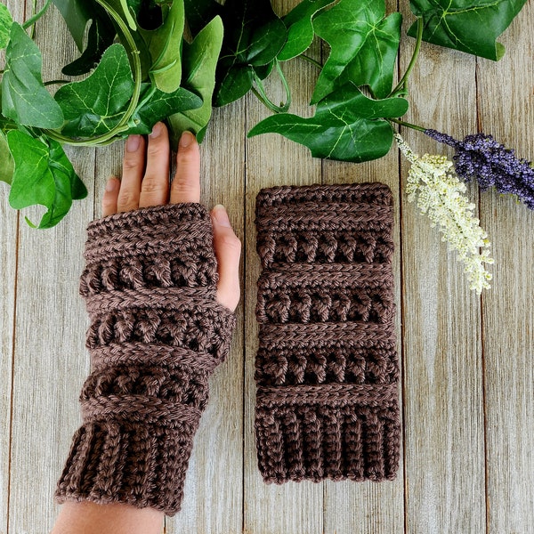 Brown Textured Fingerless Gloves - Crocheted Arm Warmers - Handmade Wrist Warmers - Textured Texting Mittens - Fall Winter Accessories