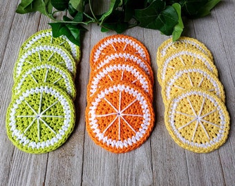 Crochet Fruit Slice Coasters, Citrus Slice Coaster Set, Summer Hostess Gift, Summer Home Decor, Orange Lemon Lime, Citrus Kitchen Accessory