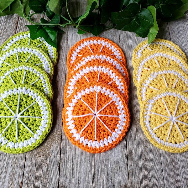 Crochet Fruit Slice Coasters, Citrus Slice Coaster Set, Summer Hostess Gift, Summer Home Decor, Orange Lemon Lime, Citrus Kitchen Accessory