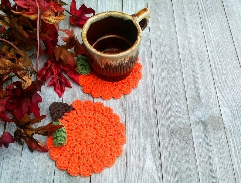 Crocheted Pumpkin Coasters, Orange Pumpkins, Reusable Cup Drink Coasters, Set of 4, Halloween Thanksgiving Coasters, Fall Autumn Home Decor image 4