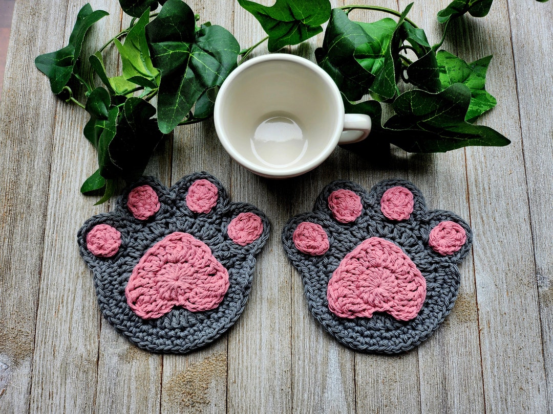 Crochet Paw Print Coaster Set Gray Dog Paw Drink Coasters Cotton Paw