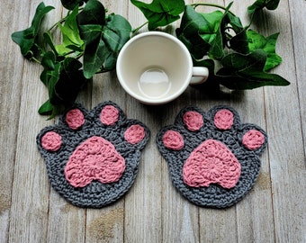 Crochet Paw Print Coaster Set - Gray Dog Paw Drink Coasters - Cotton Paw Appliques - Pet Decor - Dog Lover Gift - Housewarming Gift