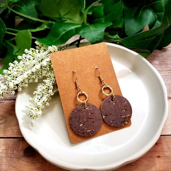 Distressed Gray Cork Earrings - Gold Flecked Weathered Cork - Round Gold Accents - Circle Dangle Earrings - Minimalist Jewelry - Neutral