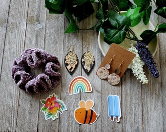 Mystery Earring Bundle - Handmade Earrings - Handmade Velvet Scrunchie - Stickers - Mystery Box - Jewelry Goodie Bag - Surprise Gift for Her