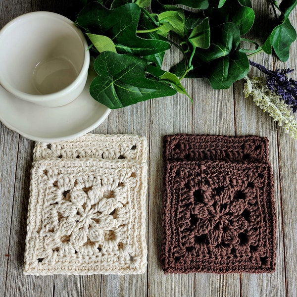 Neutral Square Coaster Set - Crocheted Cotton Coasters - Cottagecore Home Decor - Brown Ivory - Farmhouse Table Decor - Housewarming Gift