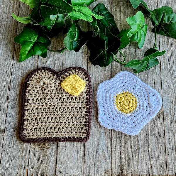 Toast and Egg Coasters - Fried Egg Coaster - Buttered Toast Coaster - Crochet Cotton Coaster Set - Housewarming Gift - Breakfast Table Decor