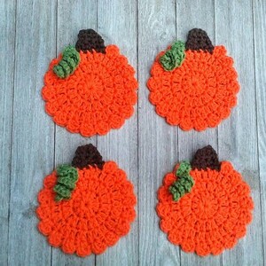 Crocheted Pumpkin Coasters, Orange Pumpkins, Reusable Cup Drink Coasters, Set of 4, Halloween Thanksgiving Coasters, Fall Autumn Home Decor image 5