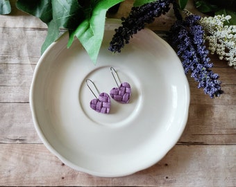 Purple Heart Earrings - Braided Genuine Leather - Minimalist Jewelry - Gifts for Her - Kidney Hook Earrings - Small Heart Shaped Earrings