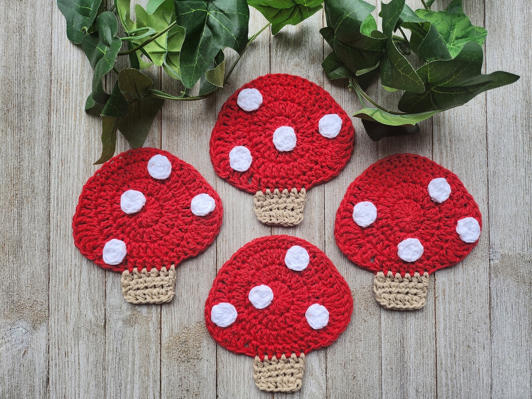Red Mushroom Coasters - Crocheted Toadstool Coaster Set - Autumn Fall ...